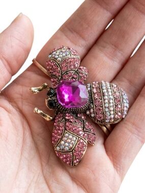 Vintage Style Pink Bee Brooch Pin – Crystal Embellished Insect Jewelry NWT